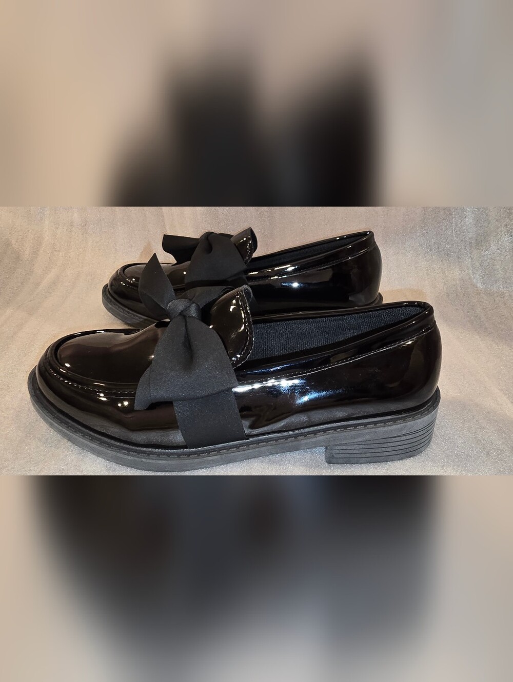 Shiny Black Loafers With Fabric Bow
